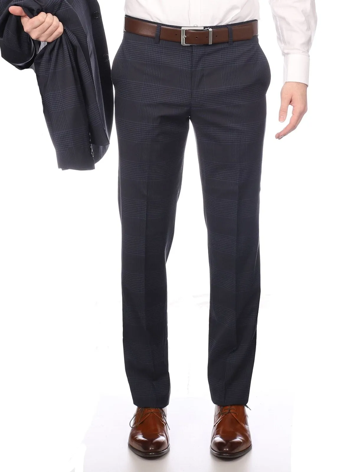 Napoli Mens Blue Plaid Half Canvassed Wool Slim Fit Suit With Peak Lapels