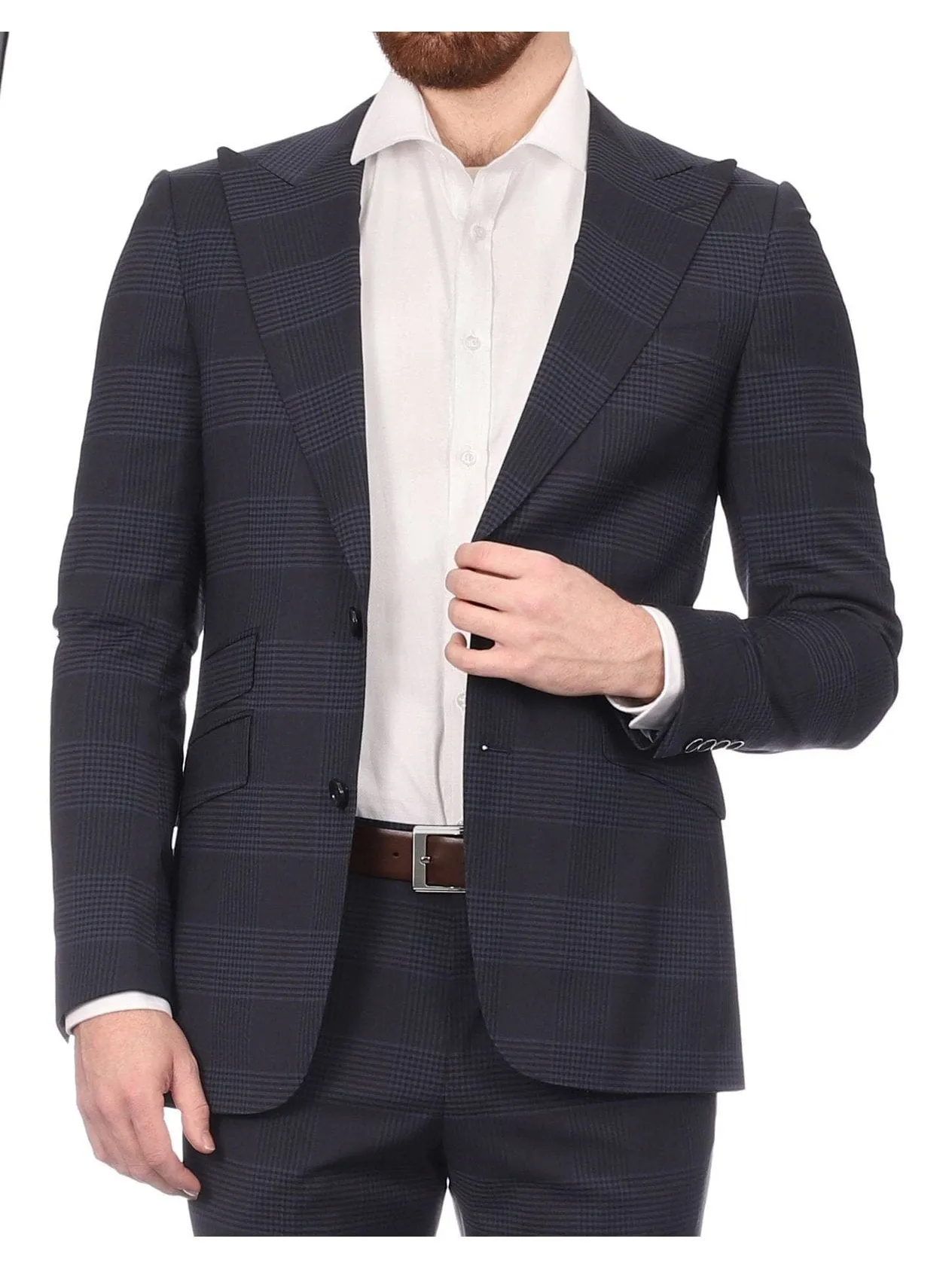 Napoli Mens Blue Plaid Half Canvassed Wool Slim Fit Suit With Peak Lapels