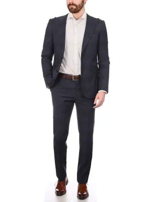 Napoli Mens Blue Plaid Half Canvassed Wool Slim Fit Suit With Peak Lapels