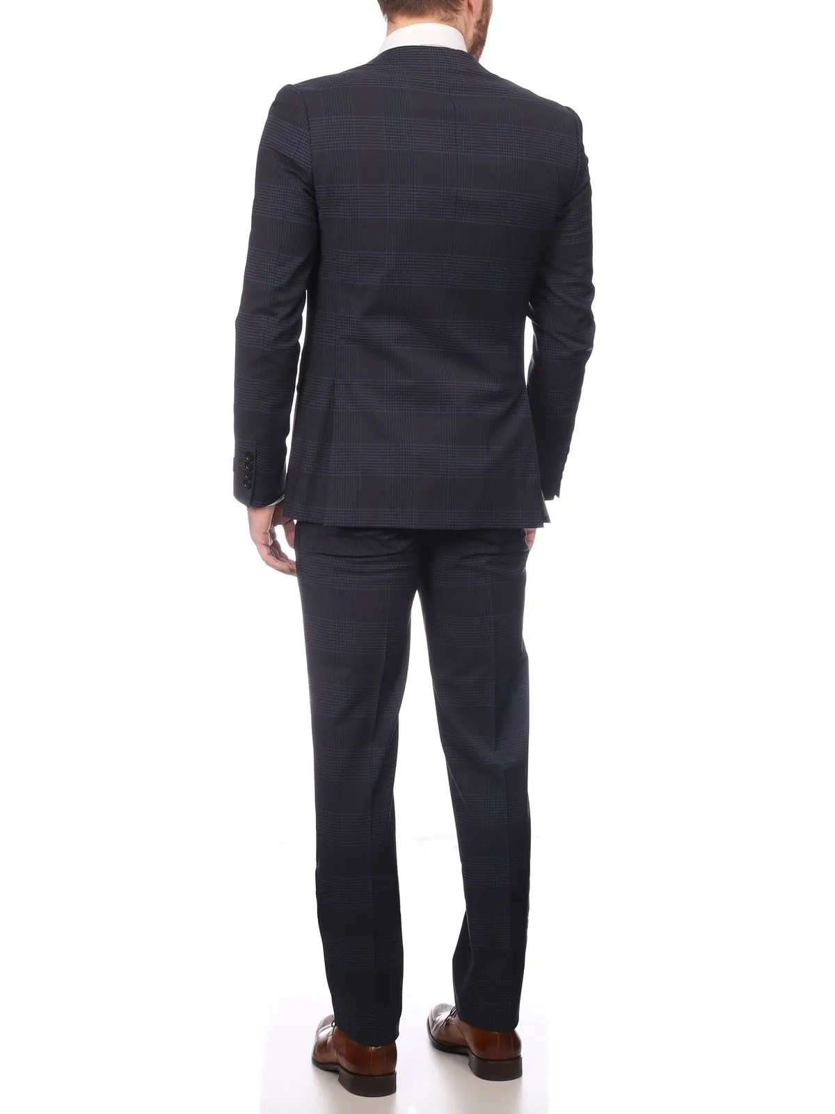 Napoli Mens Blue Plaid Half Canvassed Wool Slim Fit Suit With Peak Lapels