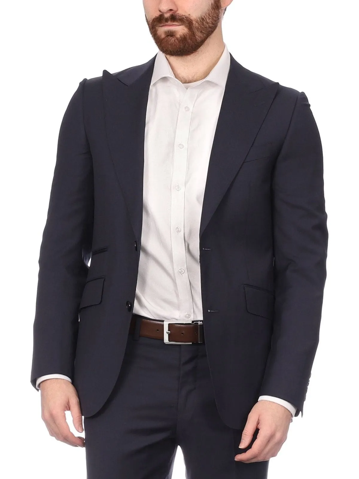 Napoli Mens Solid Navy 100% Wool Slim Fit Suit With Peak Lapels