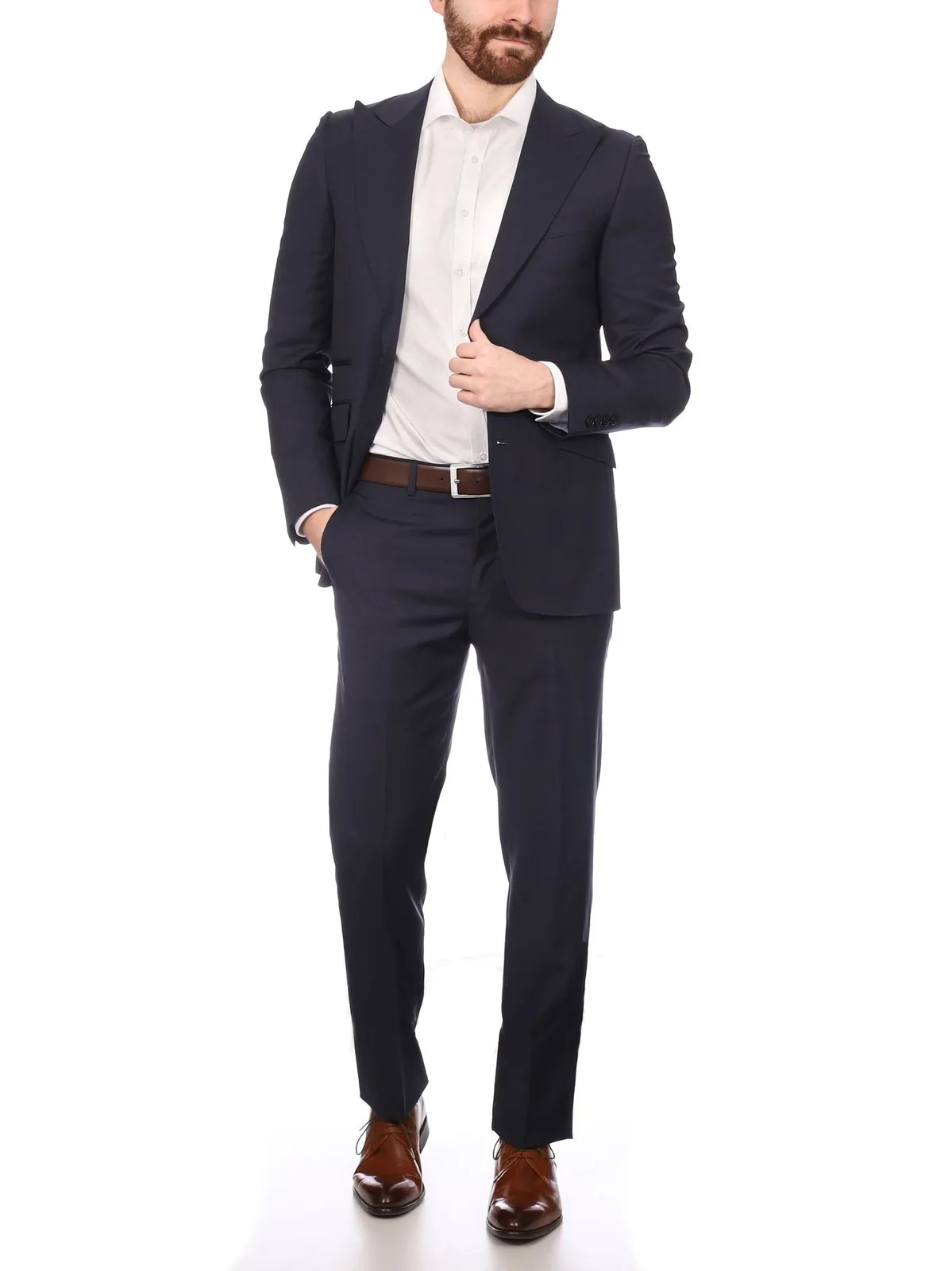 Napoli Mens Solid Navy 100% Wool Slim Fit Suit With Peak Lapels