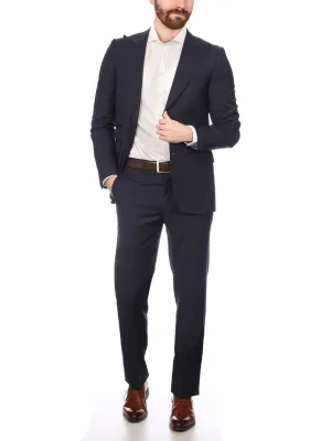 Napoli Mens Solid Navy 100% Wool Slim Fit Suit With Peak Lapels