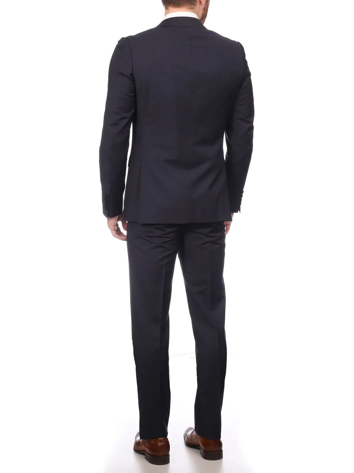 Napoli Mens Solid Navy 100% Wool Slim Fit Suit With Peak Lapels