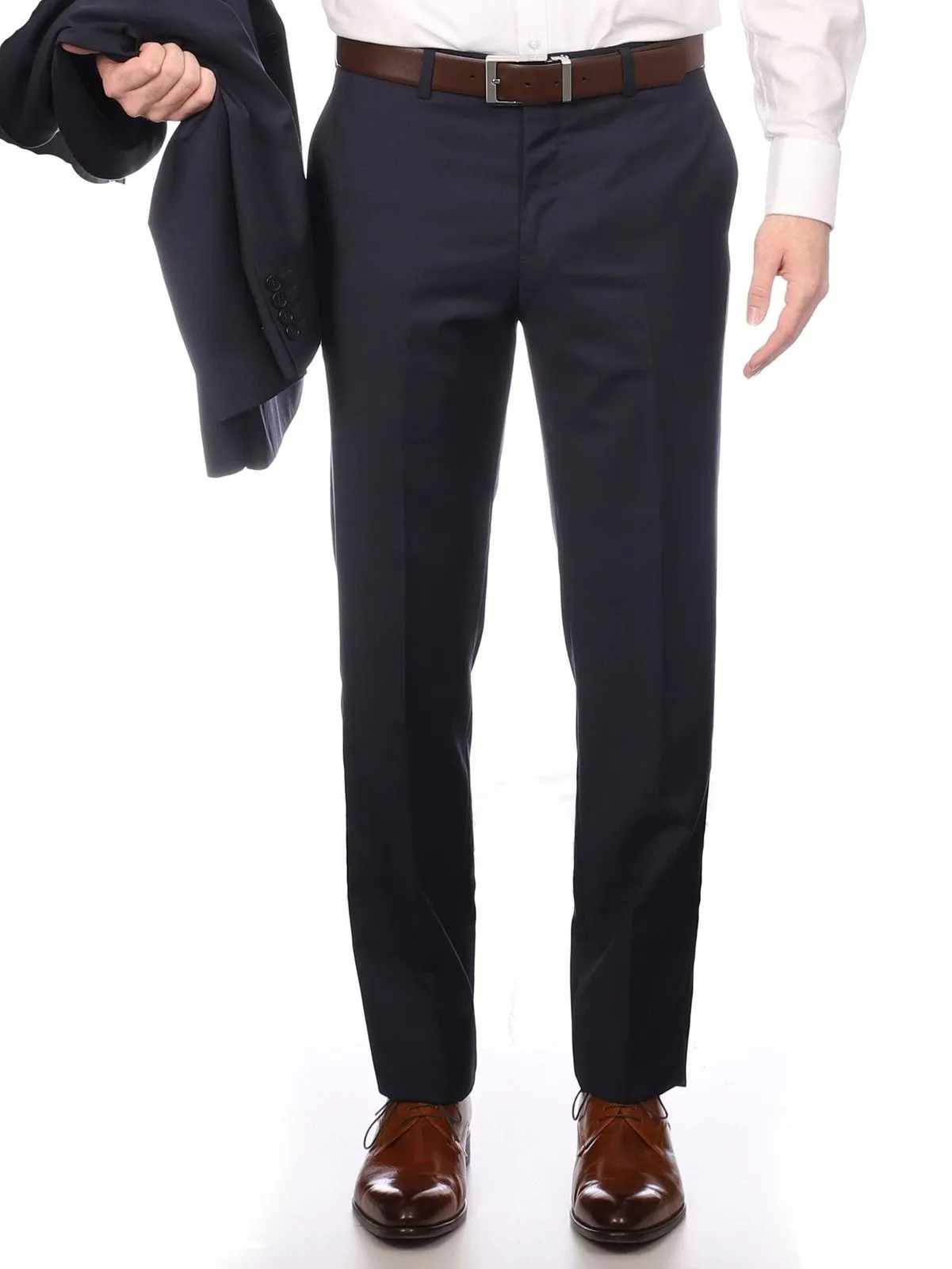 Napoli Mens Solid Navy 100% Wool Slim Fit Suit With Peak Lapels