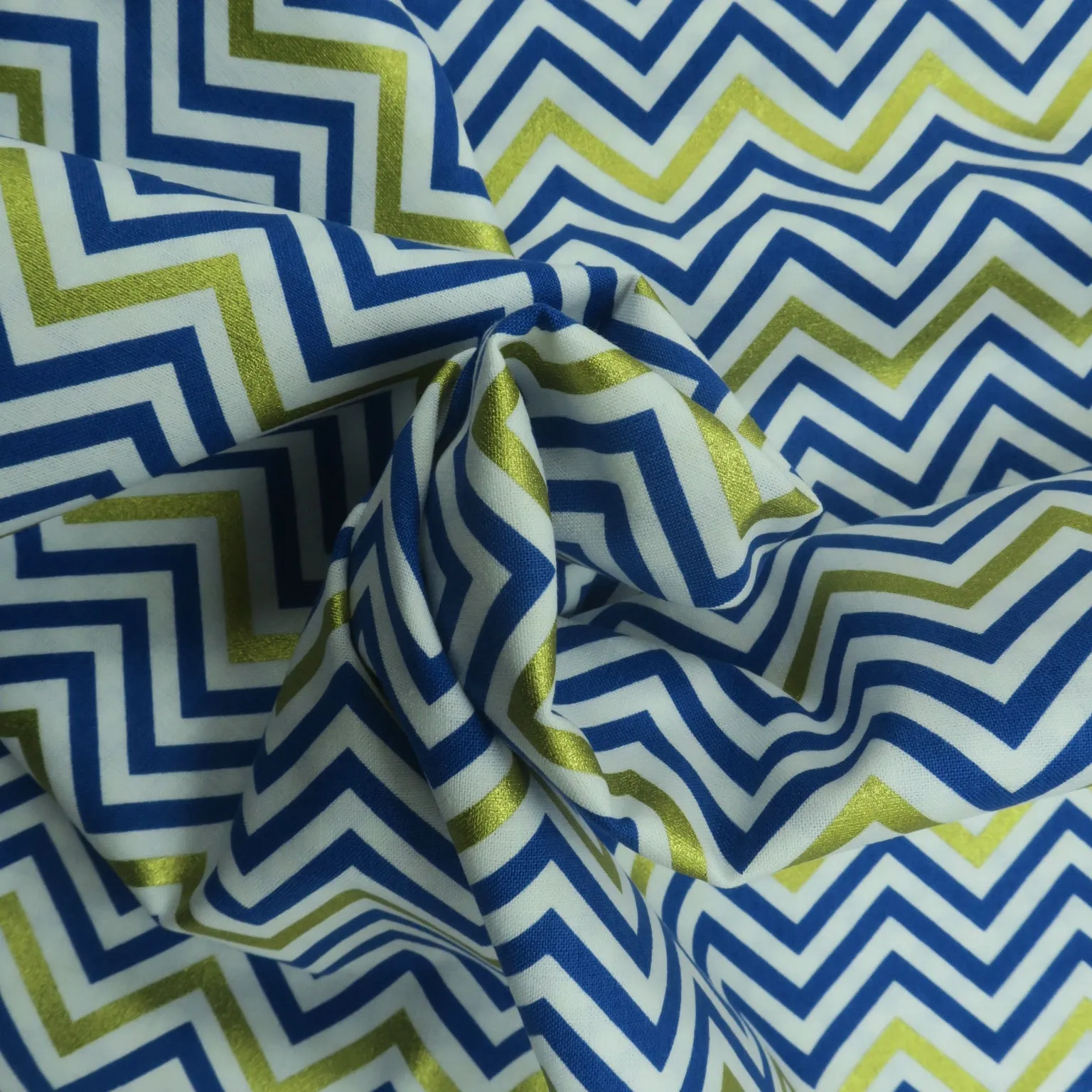 Navy Blue, White and Gold Chevron Printed Cotton