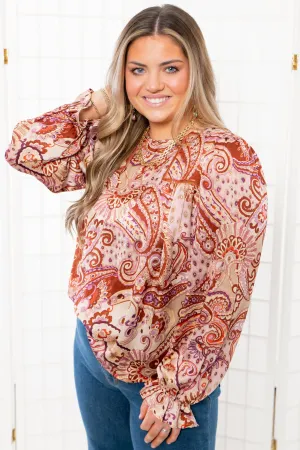 Paisley Print Plum & Taupe Long Sleeve Blouse