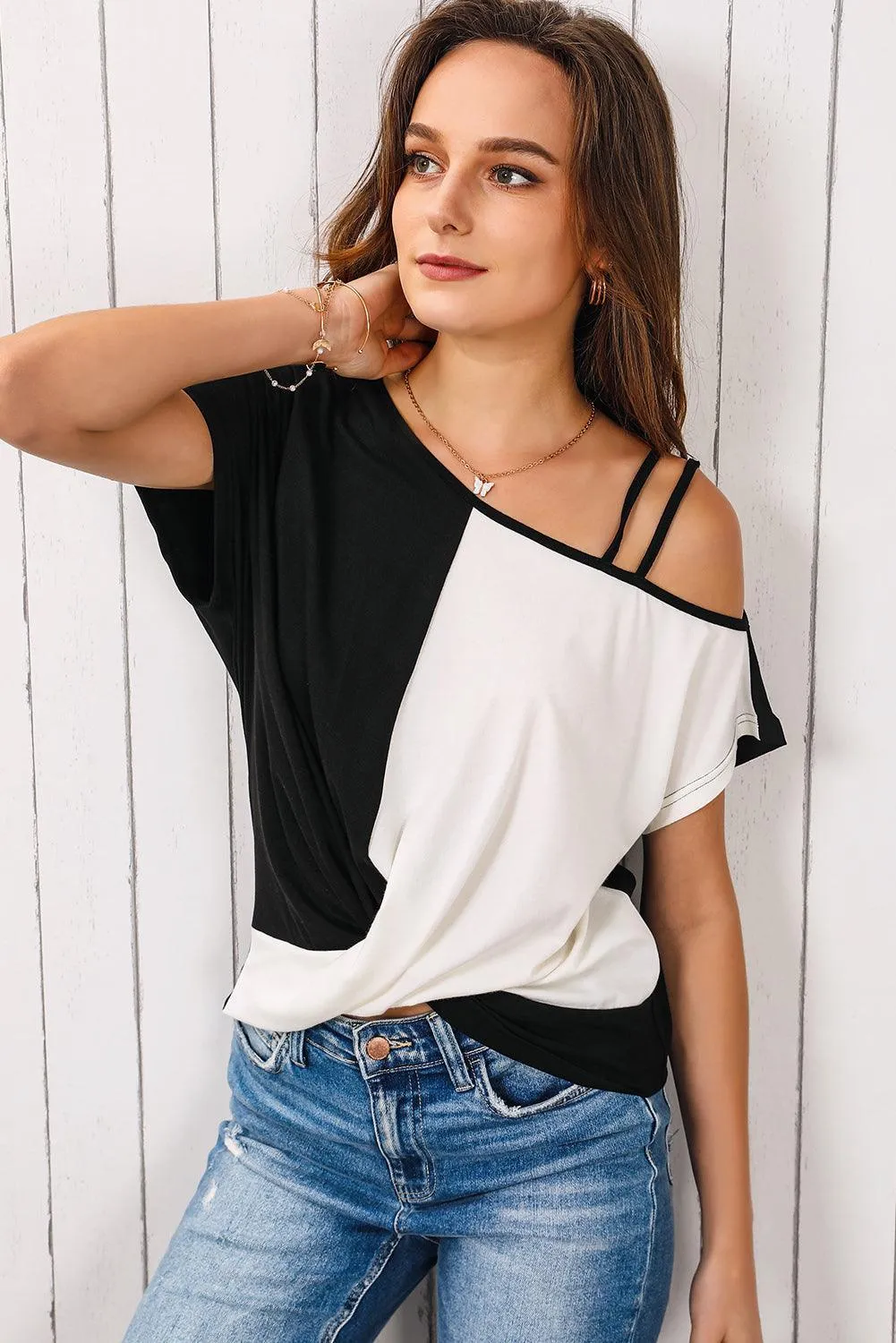 Pleasing Aura Asymmetrical Neck Color Block Blouse