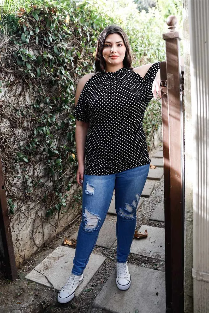 Plus Size Black Polka Dot Open Shoulder Short Sleeve Blouse