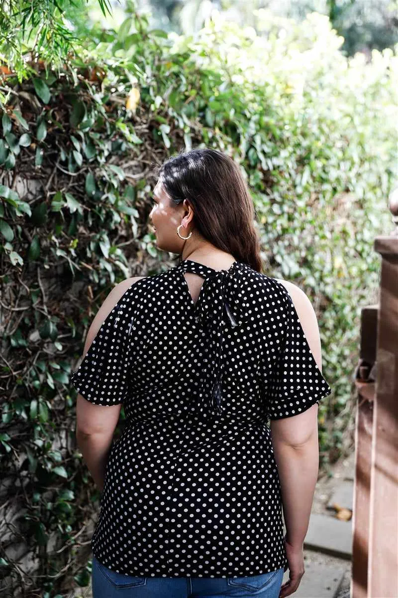 Plus Size Black Polka Dot Open Shoulder Short Sleeve Blouse