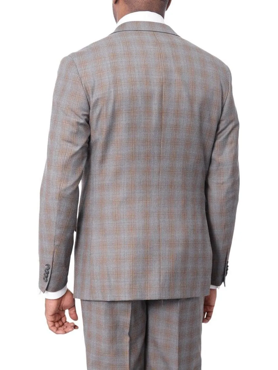 Prontomoda Mens Gray & Blue Plaid 100% Wool Slim Fit Suit