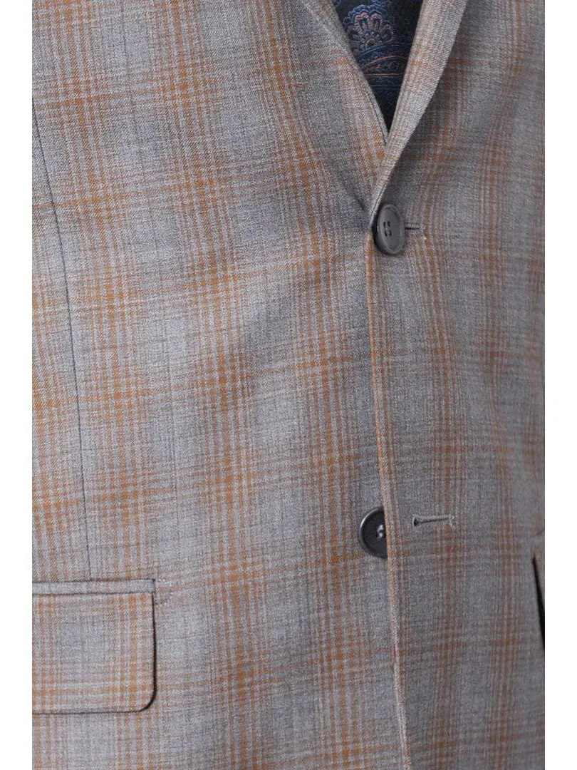 Prontomoda Mens Gray & Blue Plaid 100% Wool Slim Fit Suit