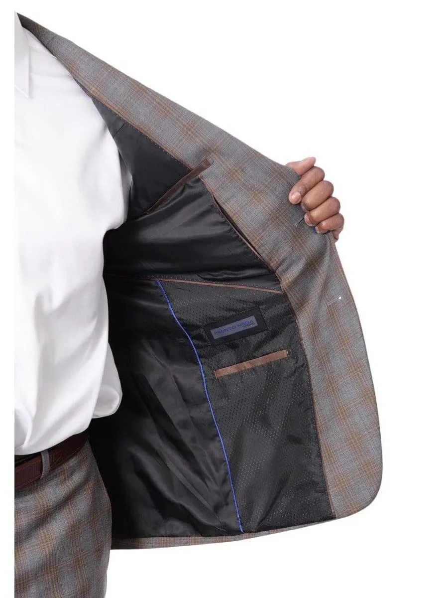 Prontomoda Mens Gray & Blue Plaid 100% Wool Slim Fit Suit