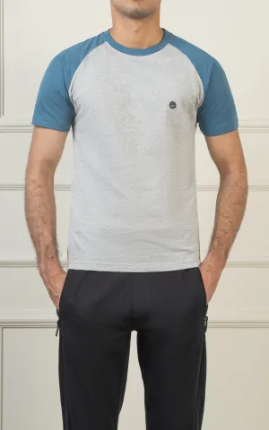 RAGLAN SLEEVE T SHIRT HEATHER GREY TEAL BLUE
