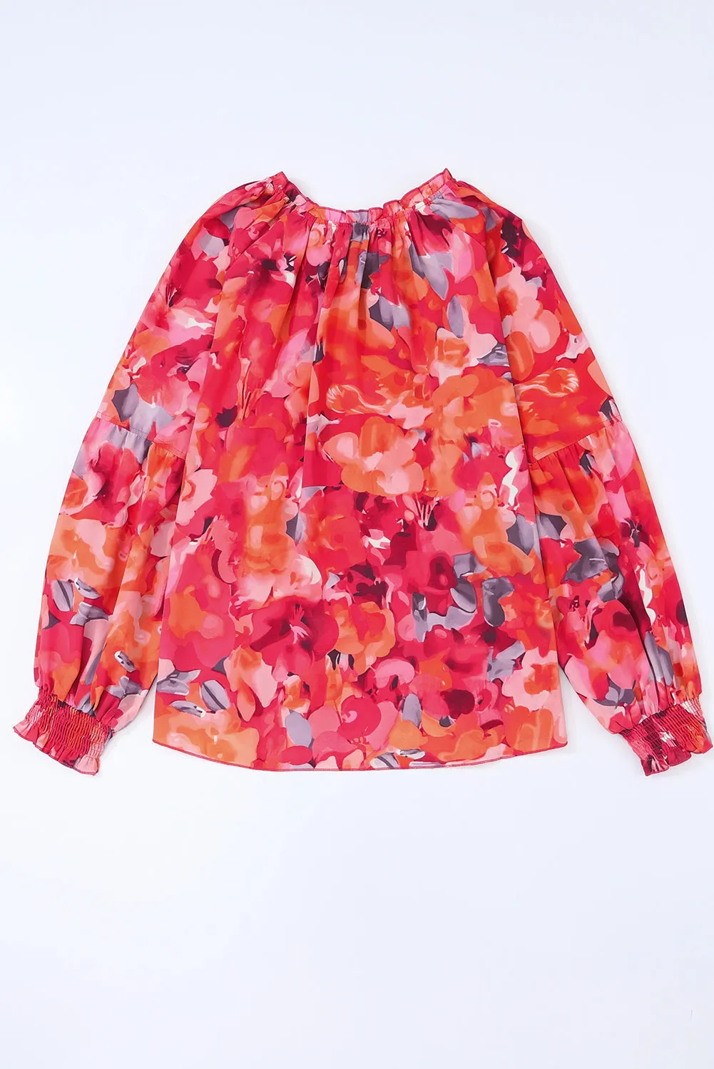 Red Floral Print Split Neck Tassel Tie Blouse