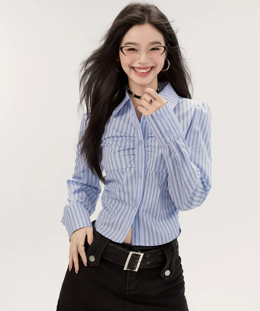 Striped Button-Up Long Sleeve Ruched Blouse