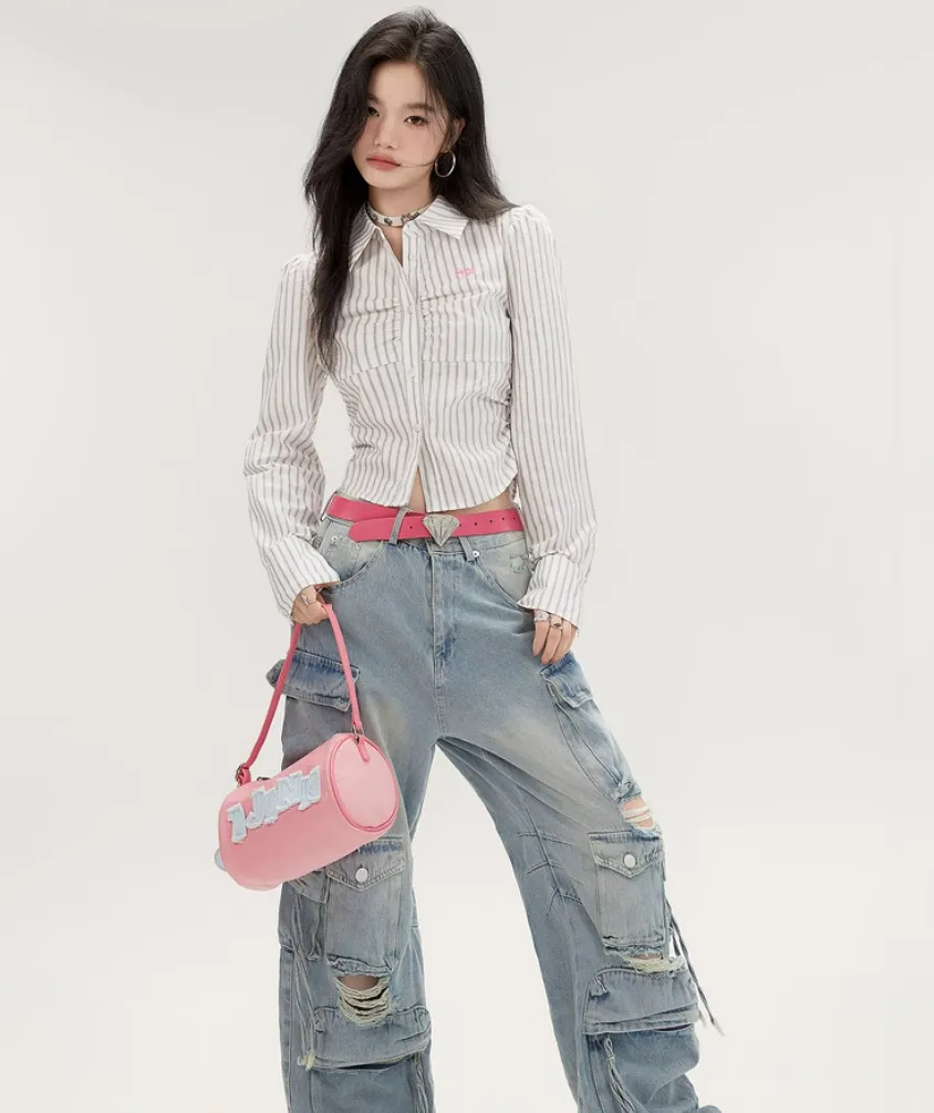 Striped Button-Up Long Sleeve Ruched Blouse