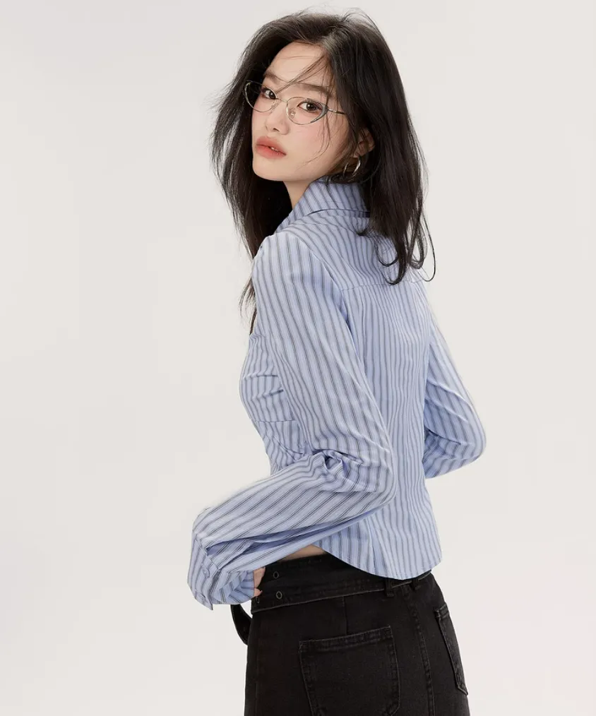 Striped Button-Up Long Sleeve Ruched Blouse