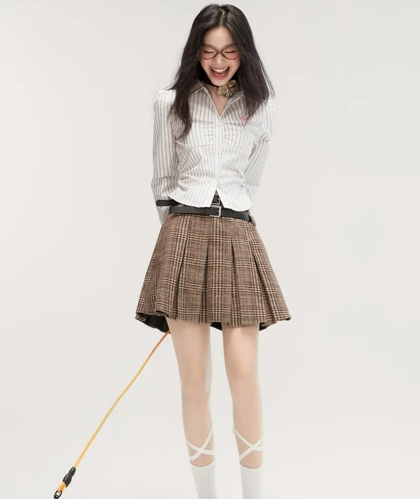 Striped Button-Up Long Sleeve Ruched Blouse