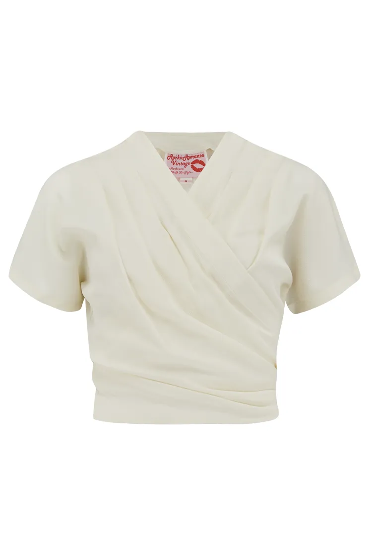 The "Darla" Short Sleeve Wrap Blouse in Antique White, True Vintage Style