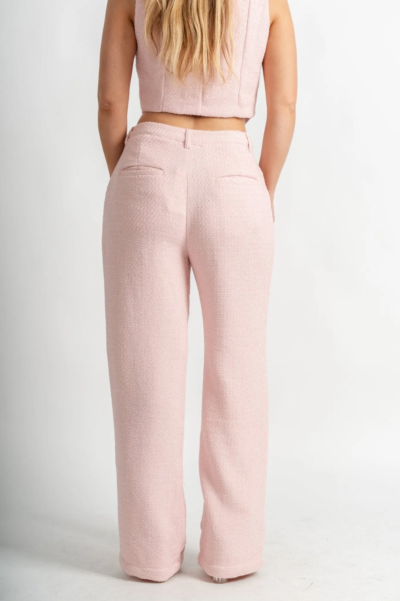 Tweed shimmer wide leg pants soft pink