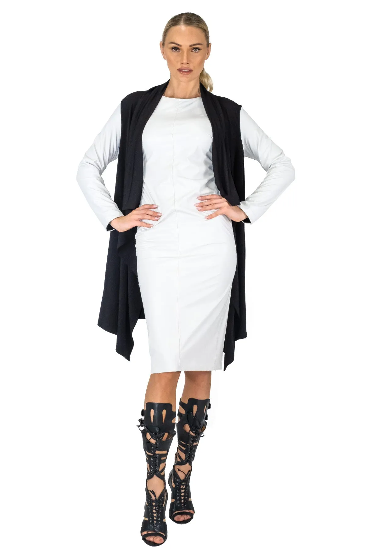 V. Leatherette Slv Double Layered Cardigan w/ Pockets