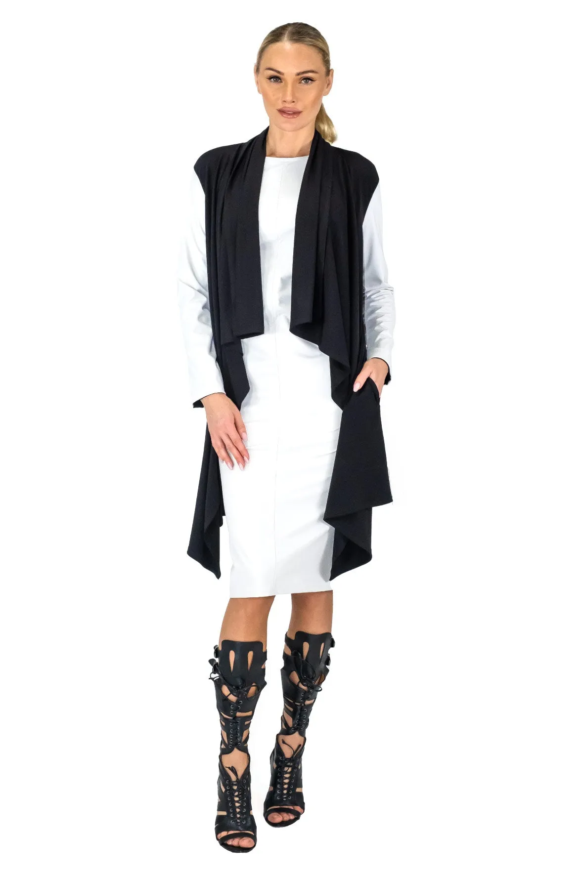 V. Leatherette Slv Double Layered Cardigan w/ Pockets