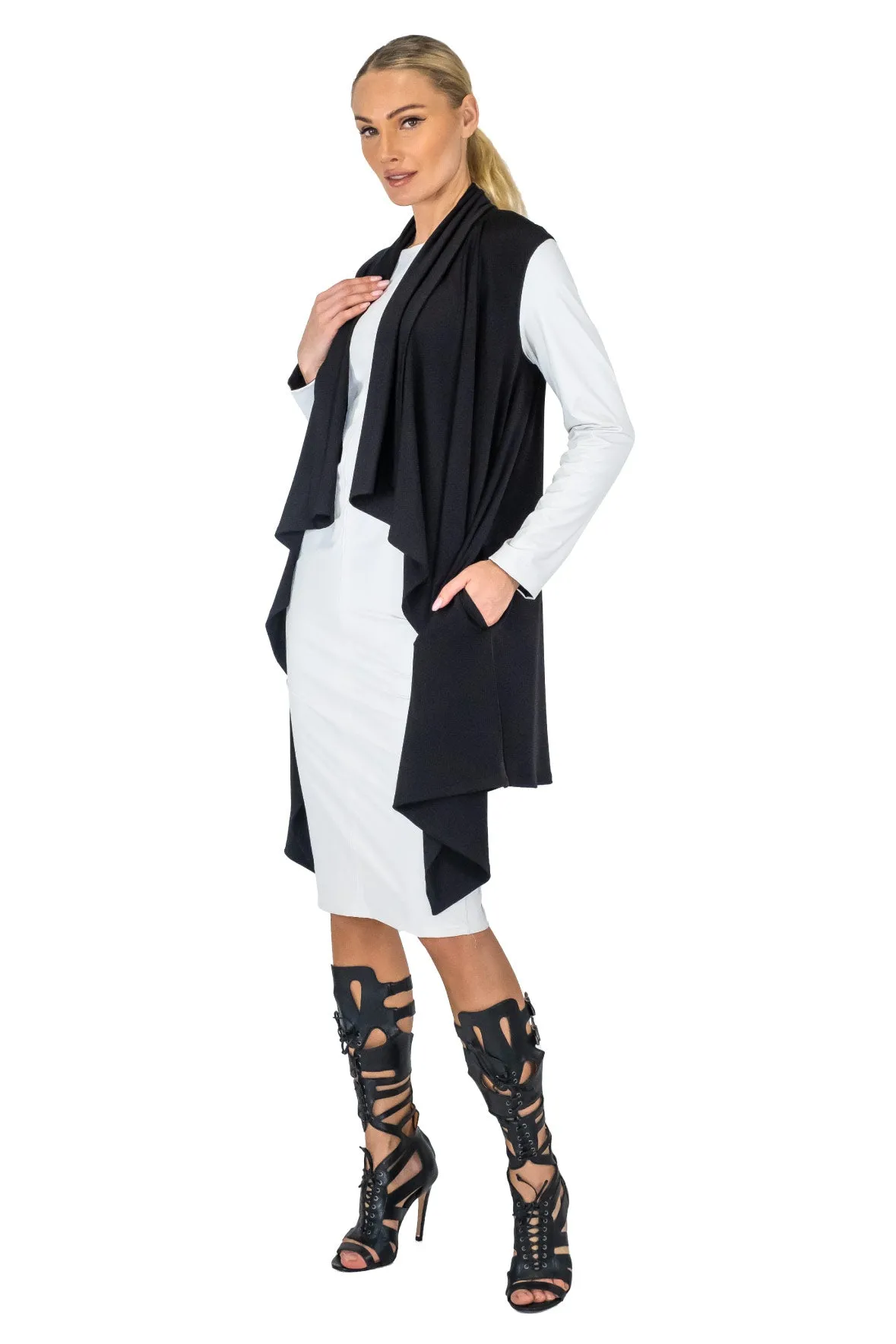 V. Leatherette Slv Double Layered Cardigan w/ Pockets