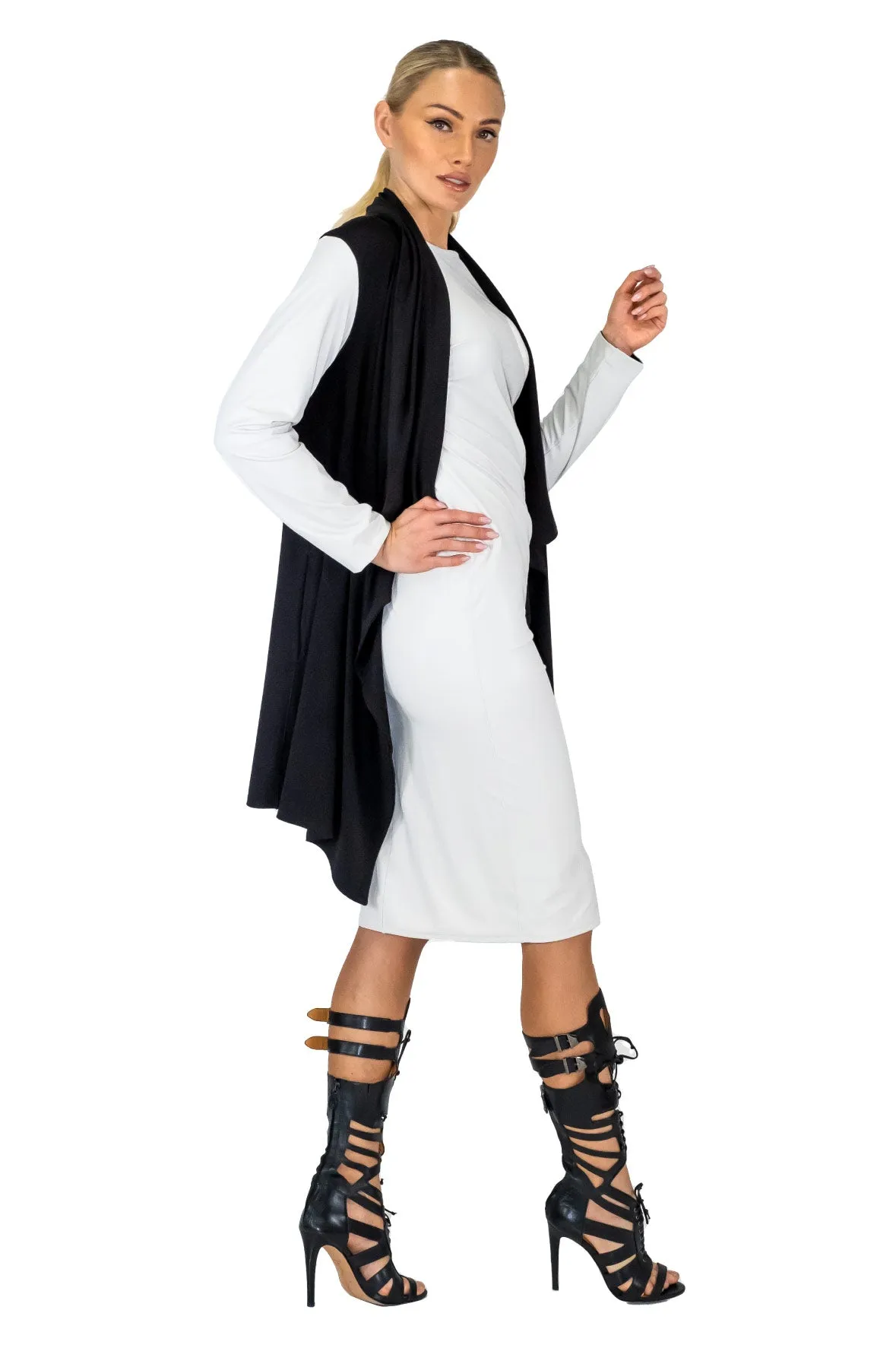V. Leatherette Slv Double Layered Cardigan w/ Pockets