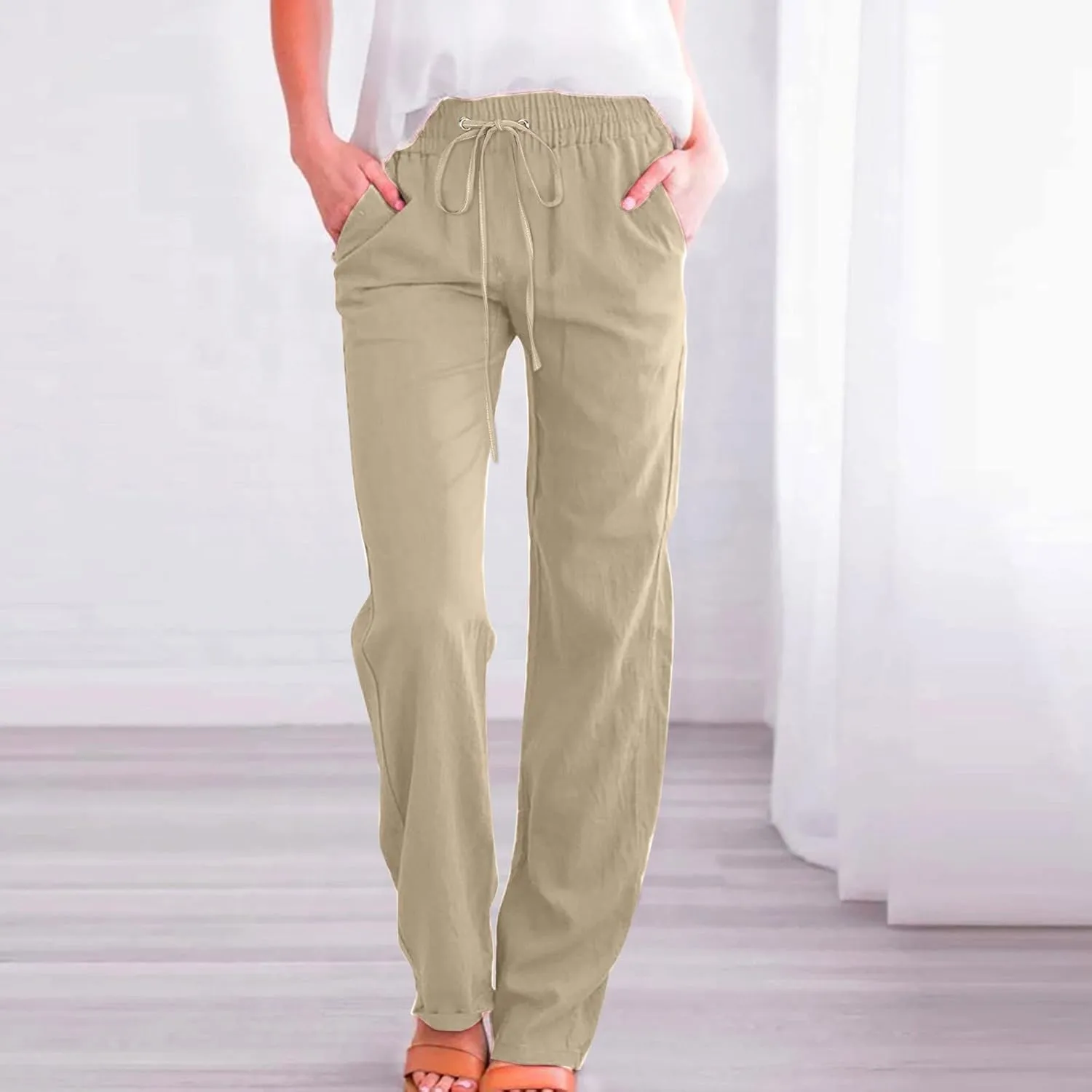 Women Pants Trendy Pull On Linen Pants Summer 2024 Trendy Straight Leg Elastic Waisted Palazzo Trouser With Pocket