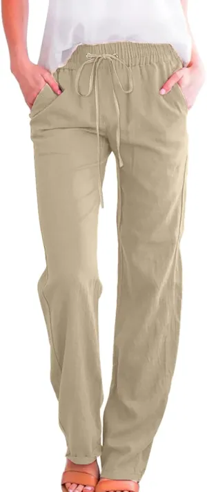 Women Pants Trendy Pull On Linen Pants Summer 2024 Trendy Straight Leg Elastic Waisted Palazzo Trouser With Pocket