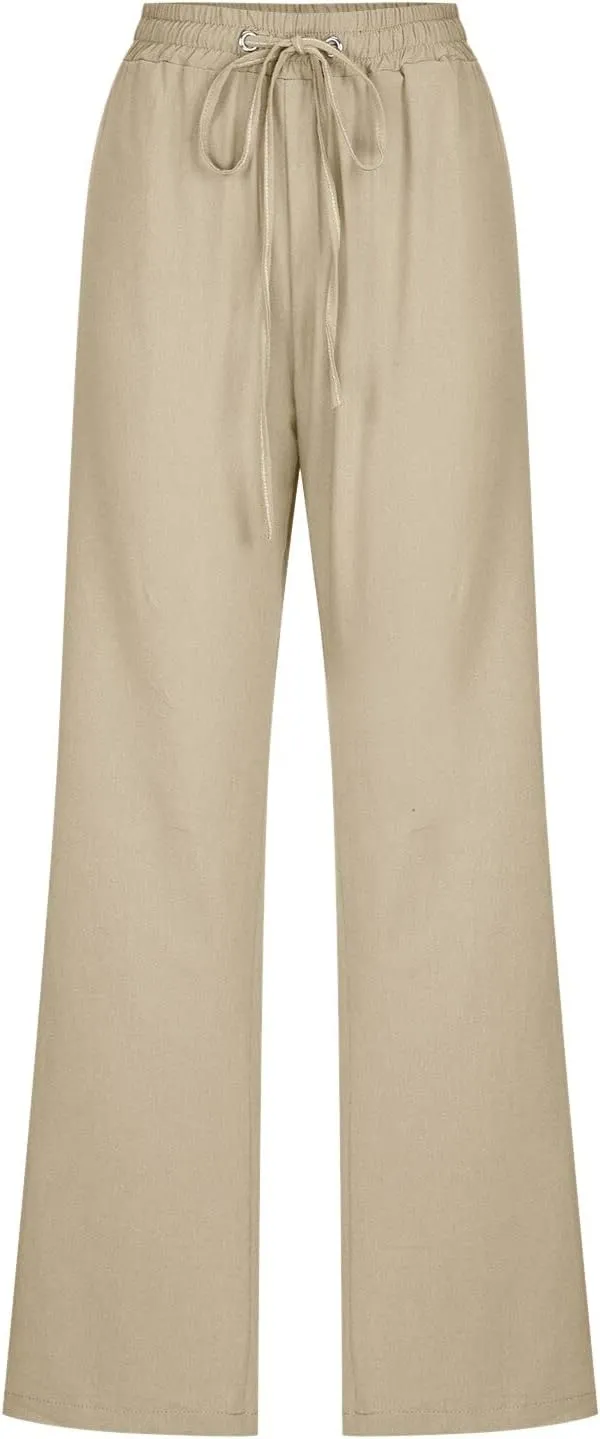 Women Pants Trendy Pull On Linen Pants Summer 2024 Trendy Straight Leg Elastic Waisted Palazzo Trouser With Pocket