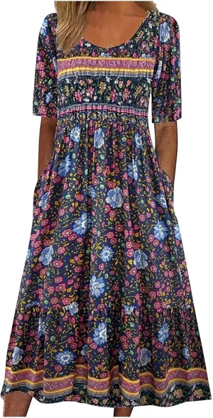 Womens Dresses Plus Size Loose T Shirts Dress Floral Midi Dress Cute Pleated Dress with Pockets Casual Dresses Summer