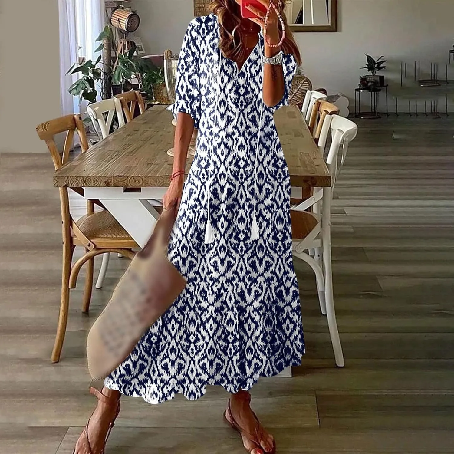 Womens Maxi Dress Summer Boho Floral V Neck Short Sleeve Tassel Flowy Dress Casual Flowy A Line Beach Long Dresses
