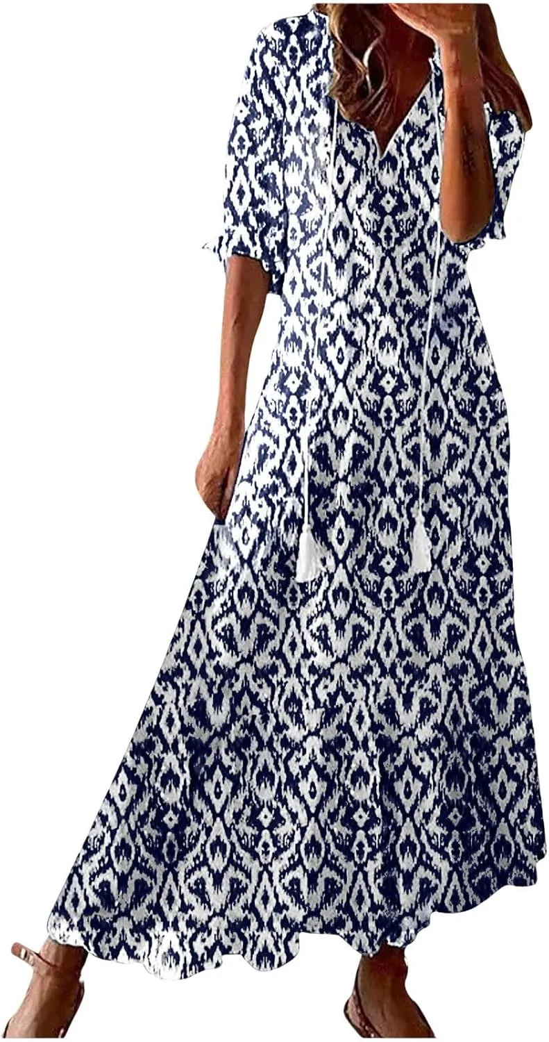 Womens Maxi Dress Summer Boho Floral V Neck Short Sleeve Tassel Flowy Dress Casual Flowy A Line Beach Long Dresses