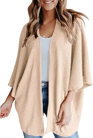 Womens Oversized Waffle Knit Sweater 3/4 Batwing Sleeve Cardigan Casual Open Front Tops Solid Colors