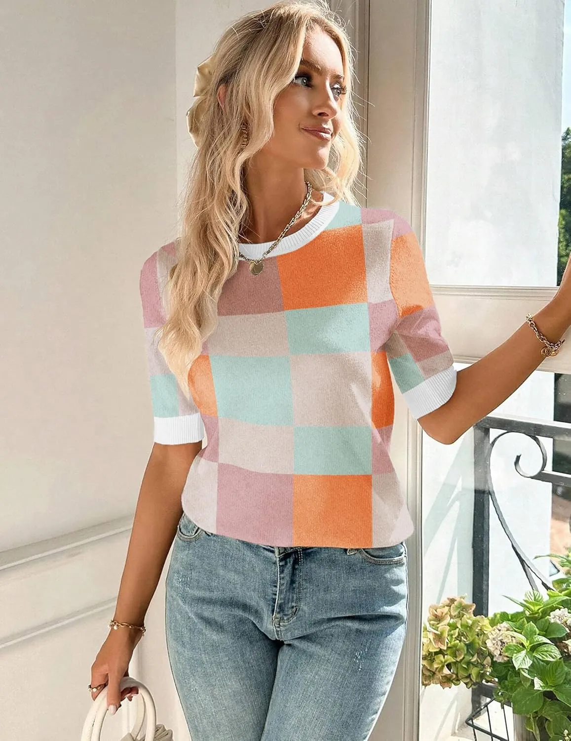 Zeagoo Women Short Sleeve Sweater Summer Crew Neck Dressy Casual Soft Knit Pullover Tops Trendy