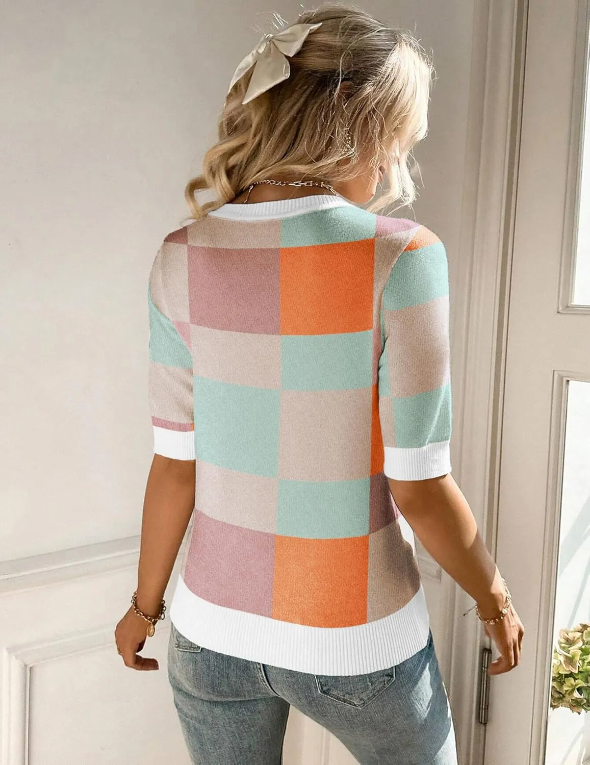Zeagoo Women Short Sleeve Sweater Summer Crew Neck Dressy Casual Soft Knit Pullover Tops Trendy