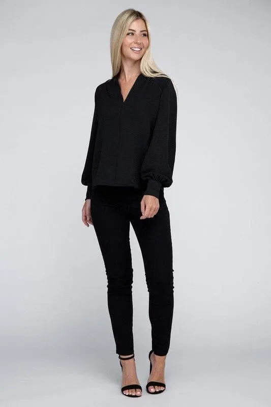 ZENANA Woven Airflow V-Neck Long Sleeve Top
