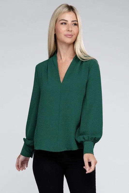 ZENANA Woven Airflow V-Neck Long Sleeve Top