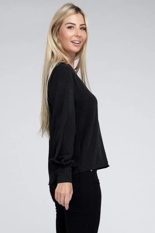 ZENANA Woven Airflow V-Neck Long Sleeve Top