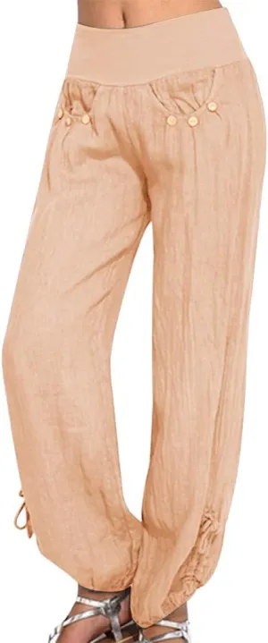ZYXTIM Womens Casual Cotton Linen Pants Elastic Waisted Smocked Solid Color Summer Beach Yoga Trousers